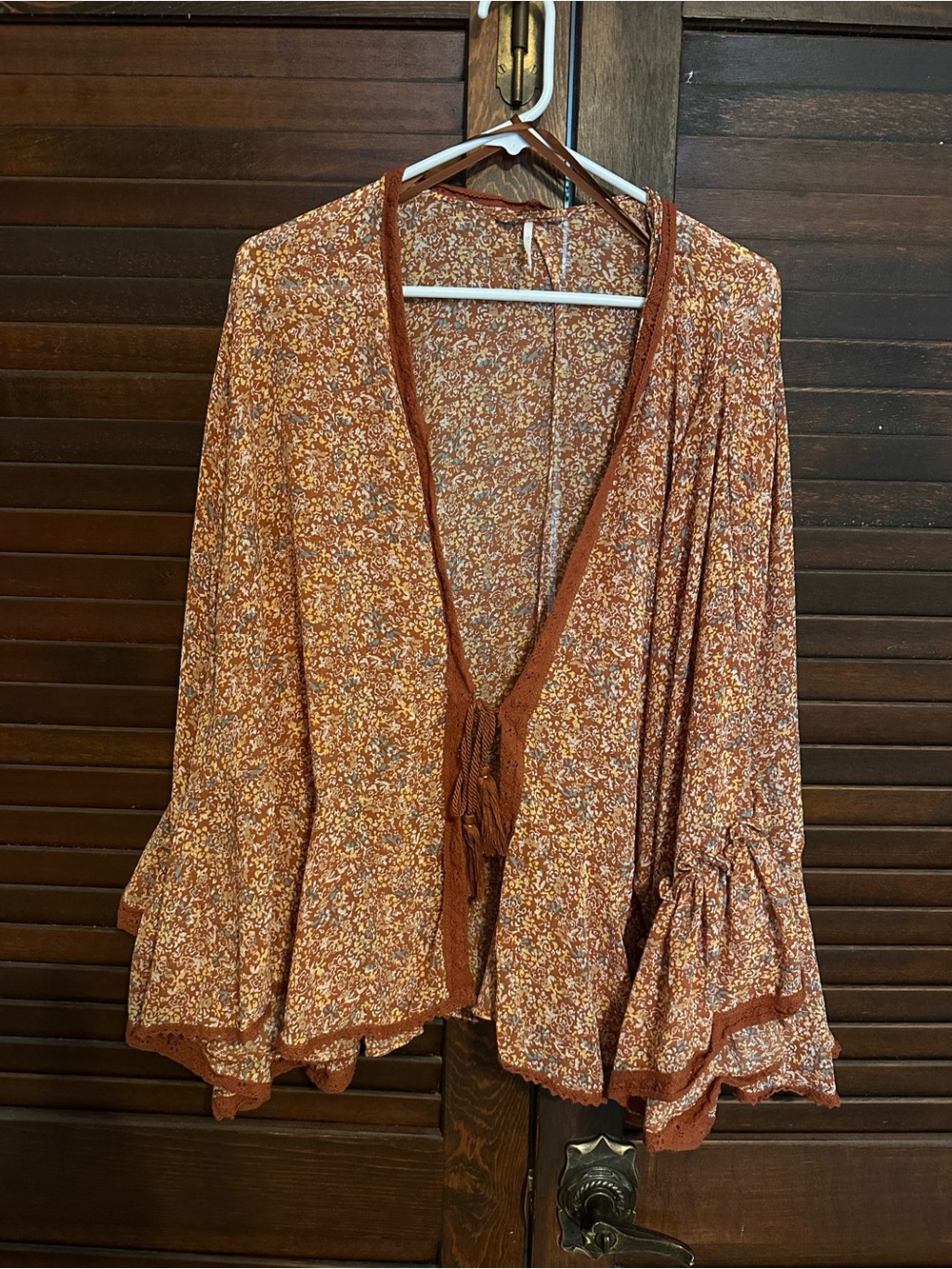 Free People Lola Kimono Bell Sleeves Tie Front Tassels Lace Trim Floral - Picture 2 of 11